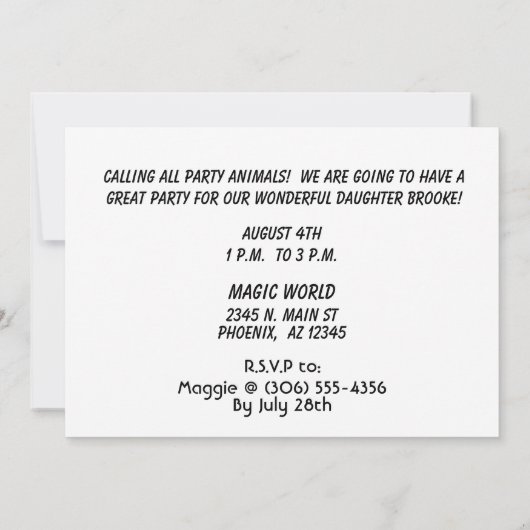 Party Animal, Birthday Invite Kaart (Achterkant)