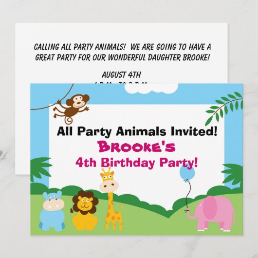 Party Animal, Birthday Invite Kaart (Voorkant / Achterkant)
