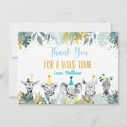 Party Animal Blue Gold Safari Birthday Bedankt (Voorkant)
