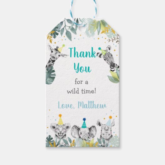 Party Animal Blue Gold Safari Birthday Bedankt Cadeaulabel (Voorkant)
