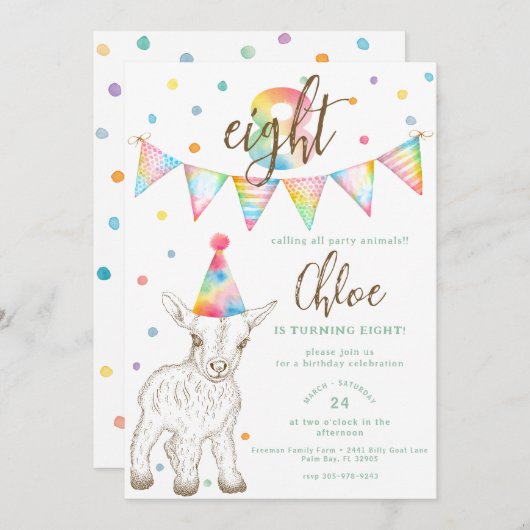 Party Animal Goat 8e verjaardag Uitnodiging voor k (Voorkant / Achterkant)