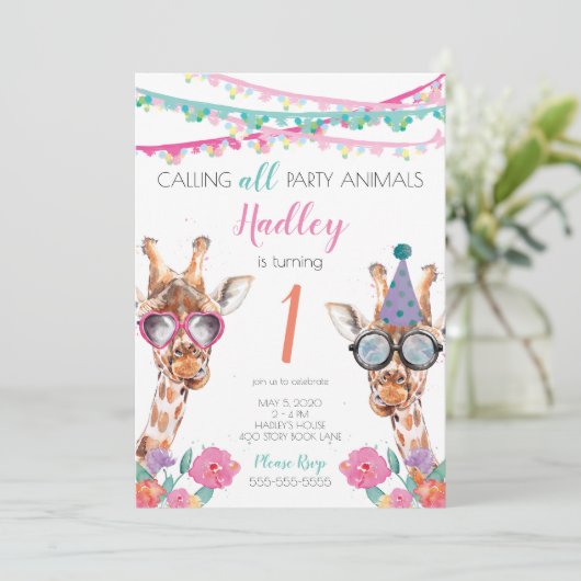 Party Animals 1st Verjaardag Uitnodiging (Staand voorkant)