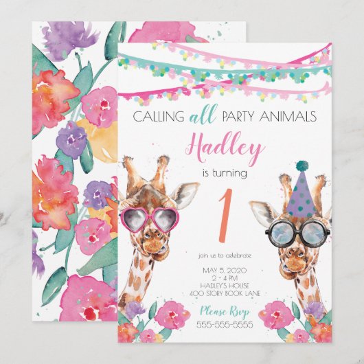 Party Animals 1st Verjaardag Uitnodiging (Voorkant / Achterkant)