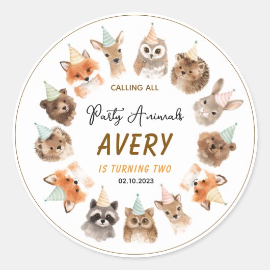 Party Animals 2nd Birthday | Cute Jungle Animal Ronde Sticker (Voorkant)
