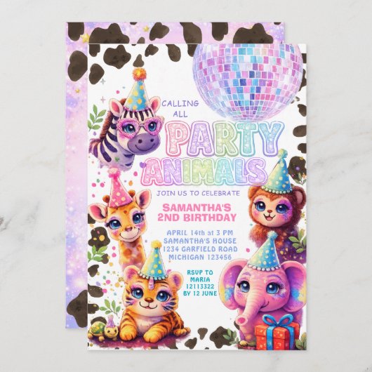 Party Animals Birthday Invitation | Rainbow Disco Kaart (Voorkant / Achterkant)