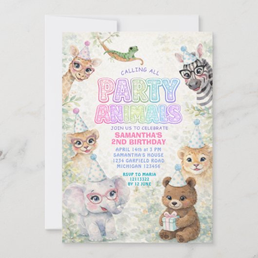Party Animals Birthday Invitation | Rainbow Safari Kaart (Voorkant)