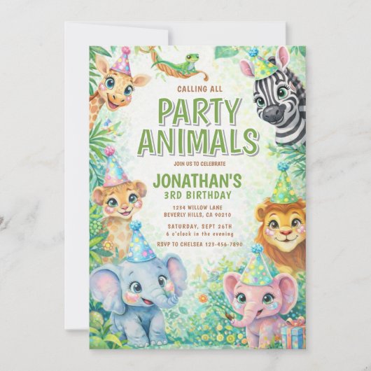 Party Animals Birthday Invitation | Safari Animal  Kaart (Voorkant)