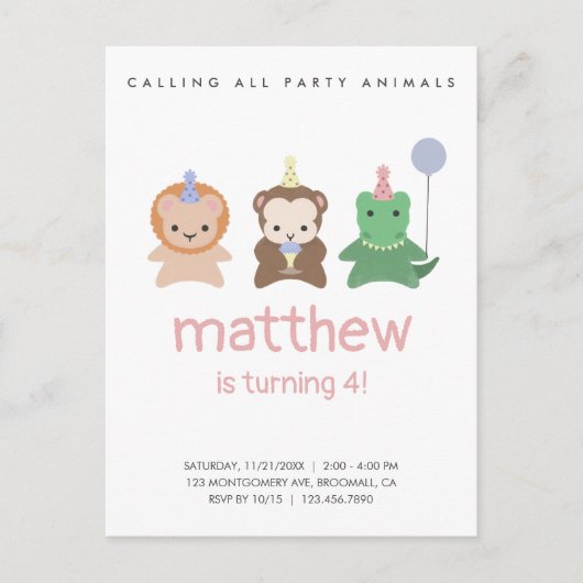 Party Animals Birthday Simple Invitation Briefkaar Briefkaart (Voorkant)