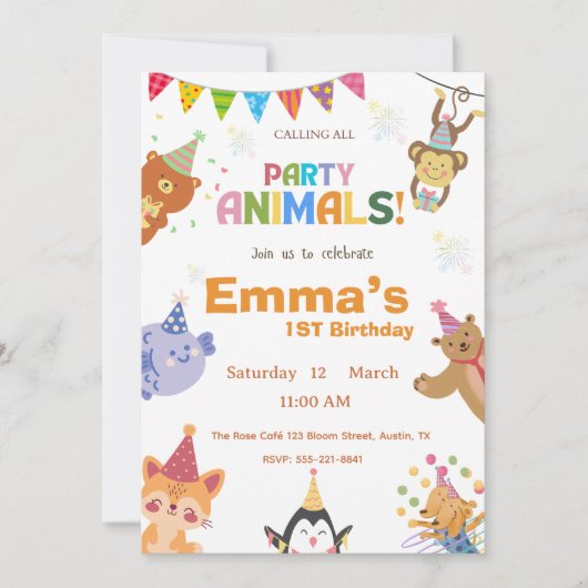 Party Animals First Birthday Invitation  Kaart (Voorkant)