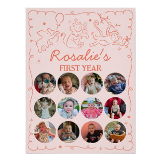 Party Animals Girl's First Birthday Photo Collage Perfect Poster
