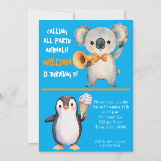 Party Animals Kids Birthday Invitation Kaart (Voorkant)