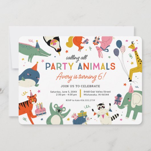 Party Animals Kids Verjaardagsfeest Kaart (Voorkant)