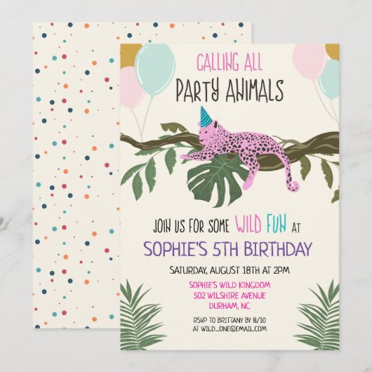 Party Animals Oerwoud Zoo Birthday Invitation Girl Kaart (Voorkant / Achterkant)