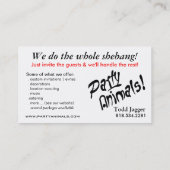 "Party Animals" - partijplanner, gebeurtenisorgani Visitekaartje (Achterkant)