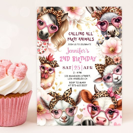 Party Animals Pink Girl Barnyard Boerderij Verjaar Kaart