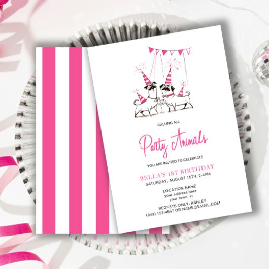 Party Animals Puppy Roze Verjaardag Party Uitnodig Kaart