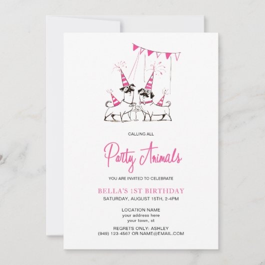 Party Animals Puppy Roze Verjaardag Party Uitnodig Kaart (Voorkant)
