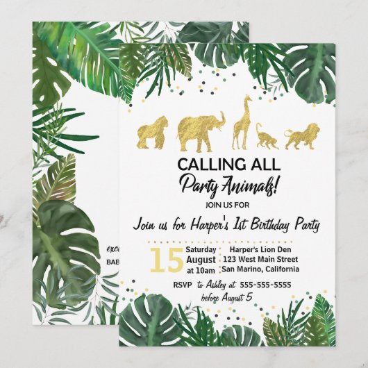 Party Animals Safari Birthday of Shower Invitation Kaart (Voorkant / Achterkant)