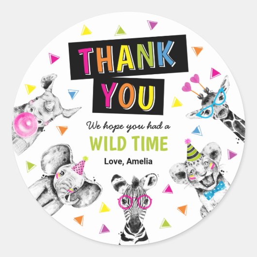 Party Animals Safari Birthday Thank You Favor Ronde Sticker (Voorkant)