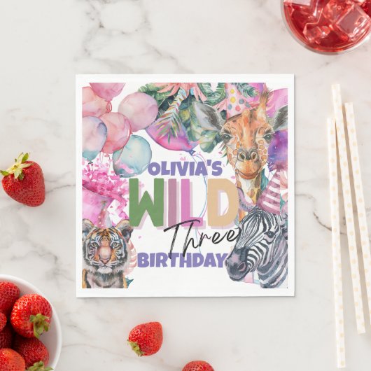 Party Animals Safari Oerwoud Wild Drie Verjaardag Servet (Insitu)