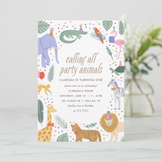 Party Animals Safari Verjaardagsfeest Kaart (Staand voorkant)