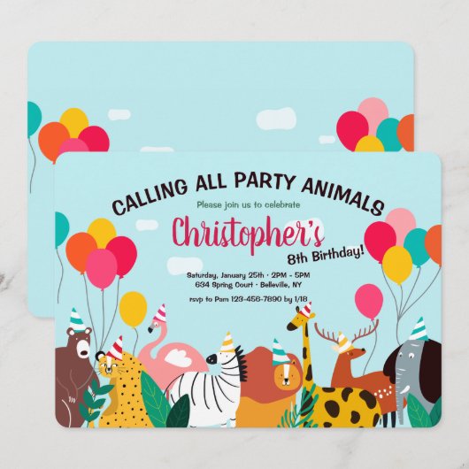 Party Animals Verjaardagsfeestuitnodiging Kaart (Voorkant / Achterkant)