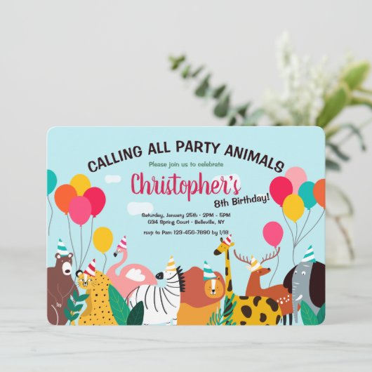 Party Animals Verjaardagsfeestuitnodiging Kaart (Staand voorkant)