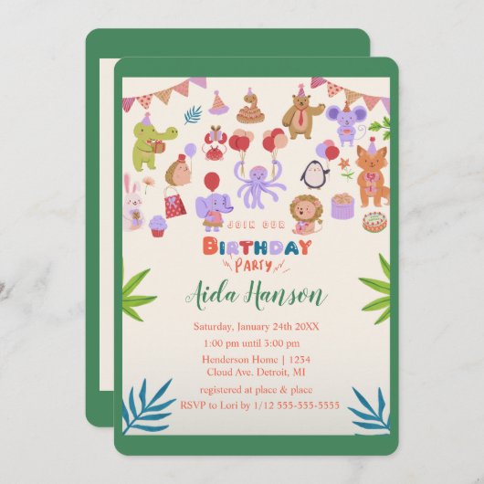 Party Animals Verjaardagsfeestuitnodiging Kaart (Voorkant / Achterkant)