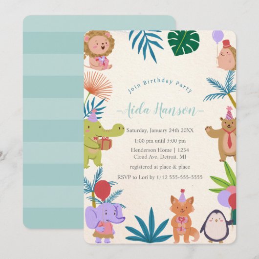 Party Animals Verjaardagsfeestuitnodiging Kaart (Voorkant / Achterkant)