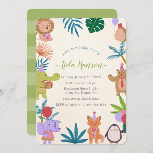 Party Animals Verjaardagsfeestuitnodiging Kaart (Voorkant / Achterkant)