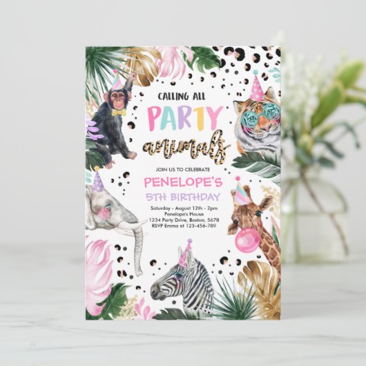 Party Animals Wild Safari Pink Girl Birthday Kaart (Staand voorkant)
