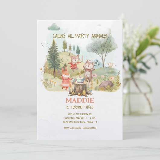 Party Animals Woodland Kids Verjaardagsfeest Kaart (Staand voorkant)