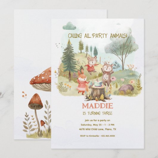 Party Animals Woodland Kids Verjaardagsfeest Kaart (Voorkant / Achterkant)