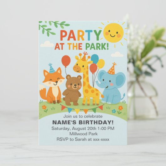Party at The Park Animals Birthday Invitation Kaart (Staand voorkant)