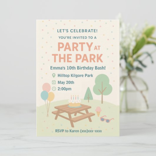 Party at The Park Birthday Invitation Kaart (Staand voorkant)