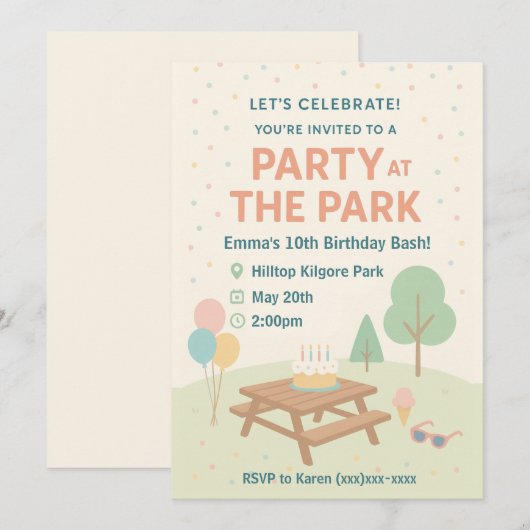 Party at The Park Birthday Invitation Kaart (Voorkant / Achterkant)
