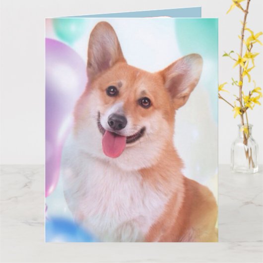 Party Balloon Corgi Kaart (Gele Bloem)