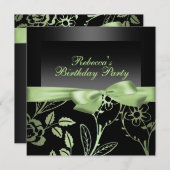 Party Black & Green Flower Verjaardag Uitnodiging (Voorkant / Achterkant)
