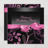 Party Black & Pink Flower Verjaardag Uitnodiging (Voorkant / Achterkant)