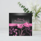 Party Black & Pink Flower Verjaardag Uitnodiging (Staand voorkant)
