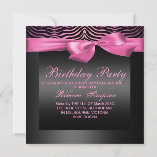 Party Black & Pink Zebra Verjaardagsuitnodiging Kaart (Achterkant)