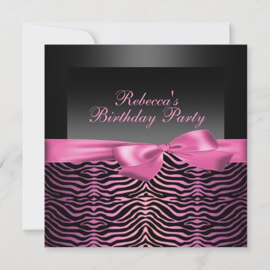 Party Black & Pink Zebra Verjaardagsuitnodiging Kaart (Voorkant)