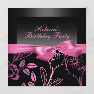 Party Black & Roze Flower Birthday Invitation Kaart