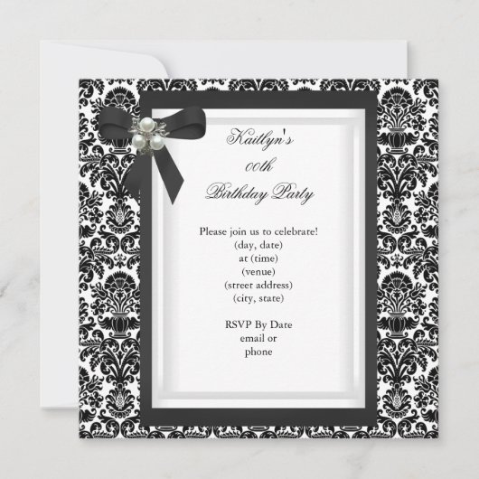 Party Black White Damask Pearl Jewel Afbeelding Kaart (Voorkant)