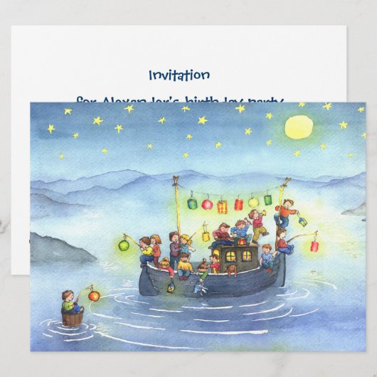 Party Boat with Children Birthday Party Invitation Kaart (Voorkant / Achterkant)