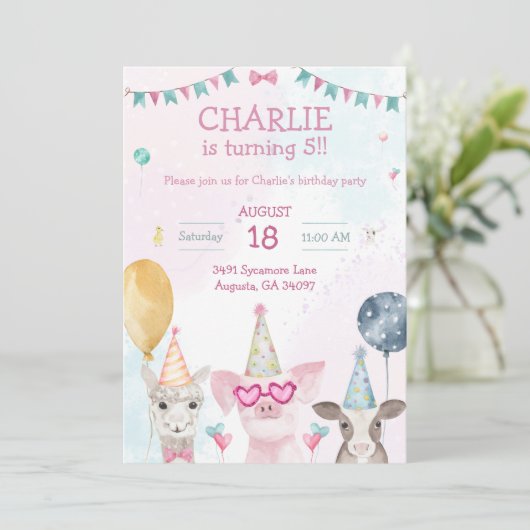 Party Boerderij Dieren Verjaardag Whimsy Uitnodigi Kaart (Staand voorkant)