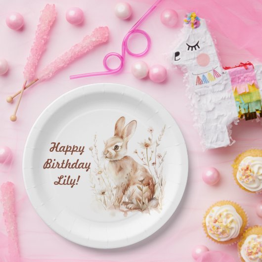 Party Bunny Meisje Jongen Beige Verjaardagsfeestje Papieren Bordje (Feest)