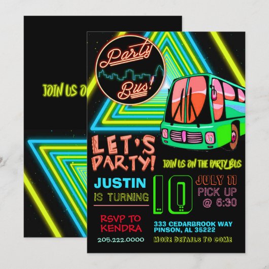 Party Bus Birthday Uitnodiging (Voorkant / Achterkant)
