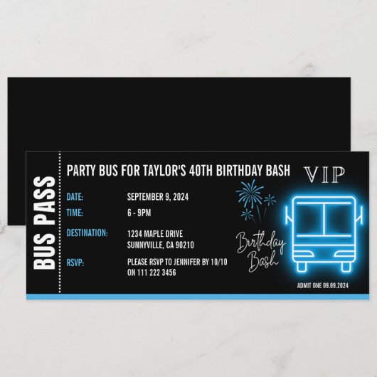 Party Bus Pass Ticket VIP Verjaardag Kaart (Voorkant / Achterkant)