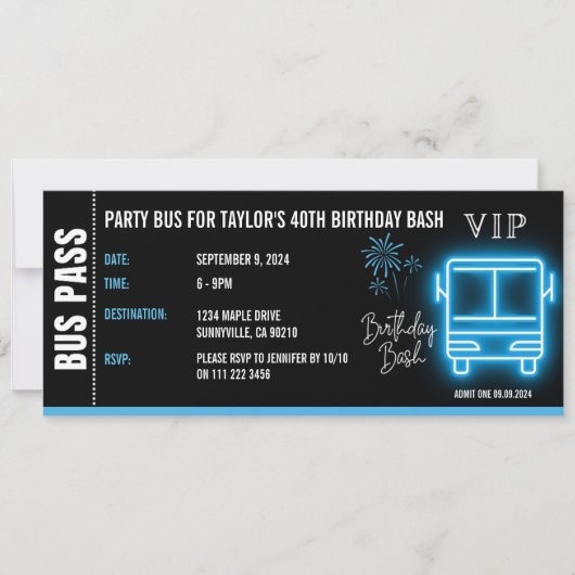 Party Bus Pass Ticket VIP Verjaardag Kaart (Voorkant)